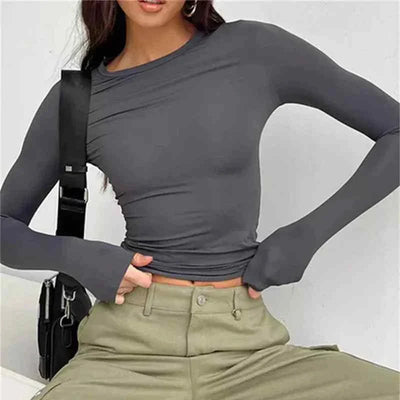 Women long sleeve slim fit solid gray casual stretch T-shirt in spring autumn streetwear style