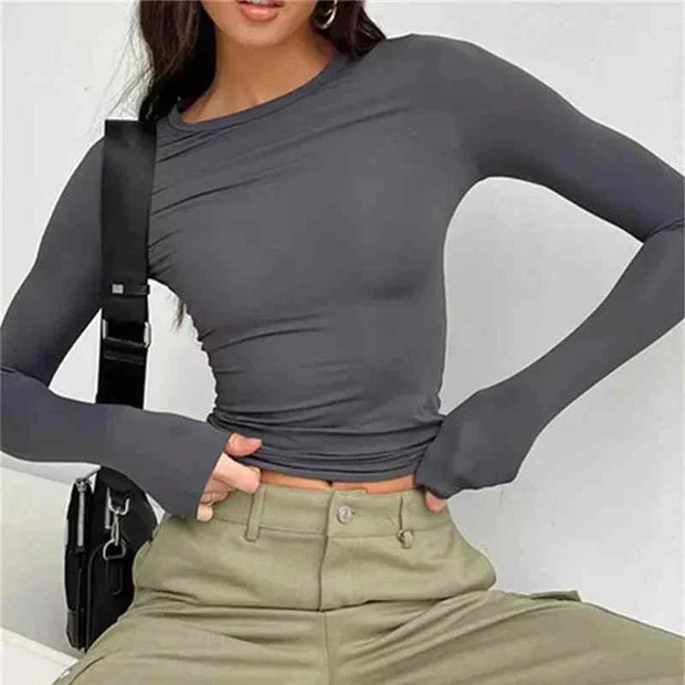 Women long sleeve slim fit solid gray casual stretch T-shirt in spring autumn streetwear style