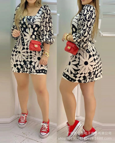 Latest Leisure Black Printed Square Neck Short Skirt