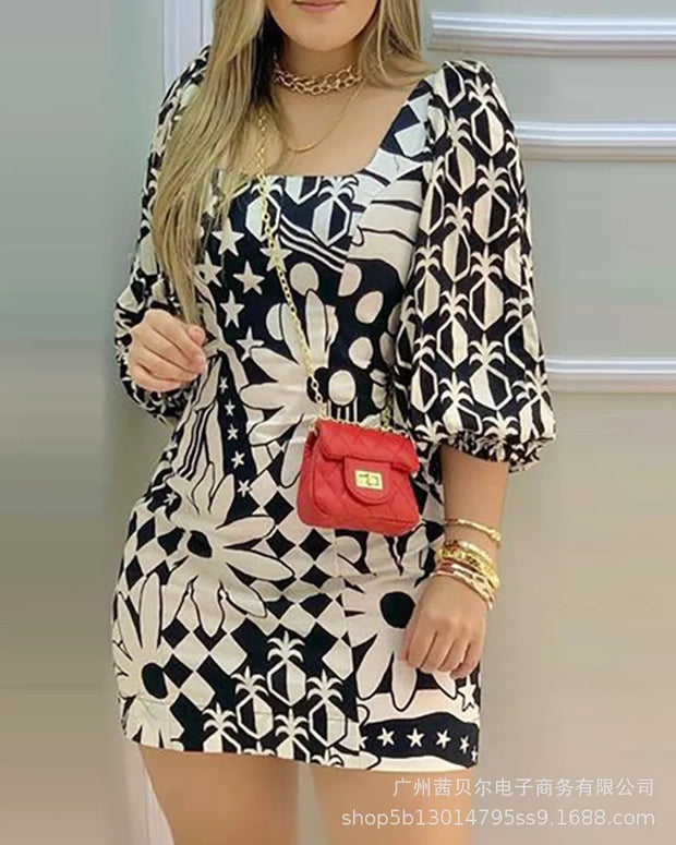 Latest Leisure Black Printed Square Neck Short Skirt