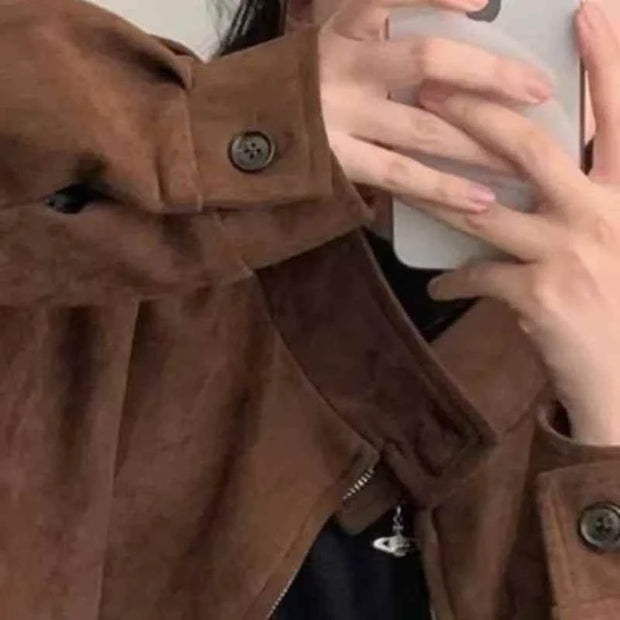 Fashion Lapel Solid Zipper Short Jacket Autumn Winter Long Sleeve Zipper Outwear