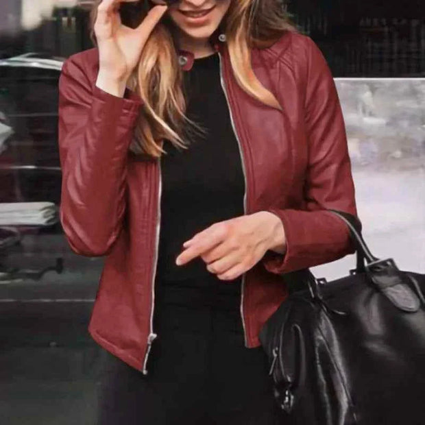 Classic Moto Biker PU Leater Jacket Spring Autumn Basic Zipper Coat Outerwear
