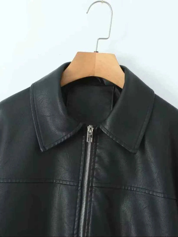 Black PU Faux Leather Jacket Spring Autumn Lady Vintage Zipper Coat