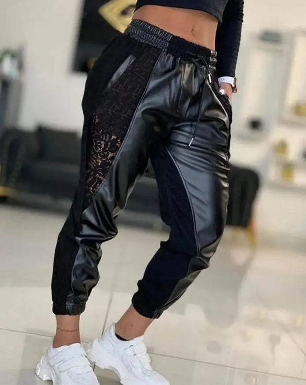 Solid Color Contrast PU Lace Insert Pocket Drawstring High Waist Cuffed Pants