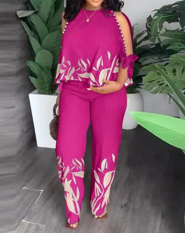 Two Piece Sets Neck Hollow Sleeves Top & Wide Leg Trousers Suit