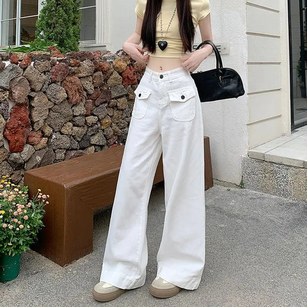 Loose Pocket Wide Leg Denim Floor Pants Y2K High Waisted Straight Trousers