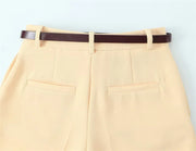 Yellow wide-leg trousers with belt decoration Casual commuting Stylish