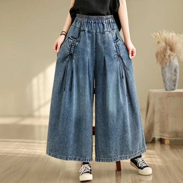 Wide Leg Denim Pants Elastic Waist Loose Casual Ankle Length Trouser