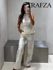 Neck Sleeveless Slim Top+Elastic Waist Drawstring Loose Long Pants
