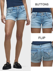 Blue Shorts Slim Fit Stretch Jeans Button Placket Flap Back Pockets