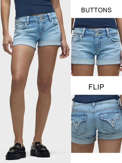 Blue Shorts Slim Fit Stretch Jeans Button Placket Flap Back Pockets