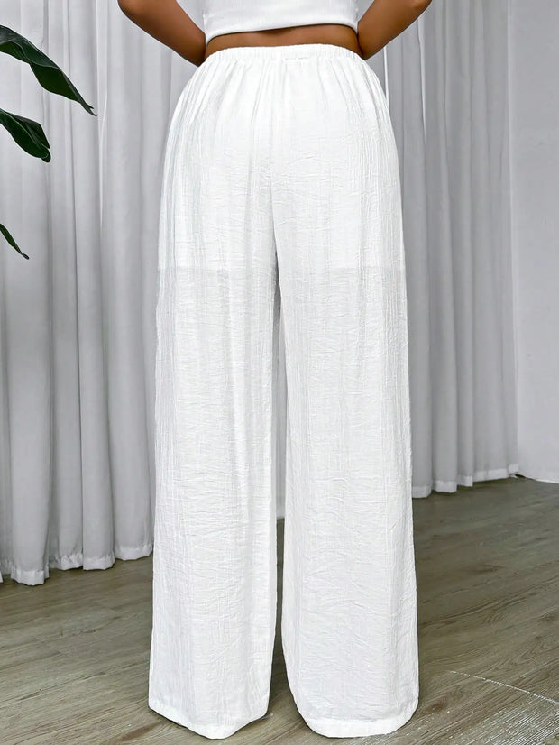 Solid White 25 Spring Summer Drawstring Waist Wide Leg Pants