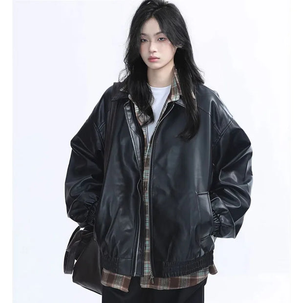 Leather Jacket Spring Autumn Women Long Sleeves Leather Coat