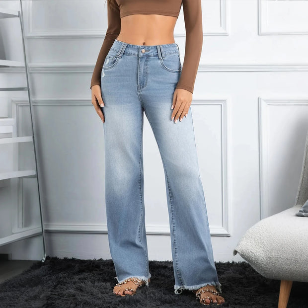 Blue Washed Raw-Edge Trouser Legs High Waist Design Daily Wear Fashionable