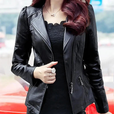 Slim fit women's black faux leather jacket with zipper and turn-down collar for spring and autumn weather