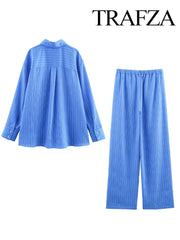 Long Sleeve Single-breasted Slim Shirt+High Waist Drawstring Loose Long Pants