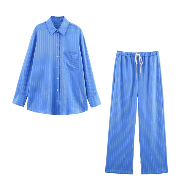 Long Sleeve Single-breasted Slim Shirt+High Waist Drawstring Loose Long Pants