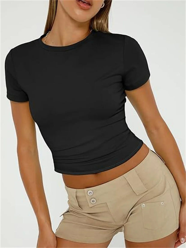 Solid black summer fashion tee for women with short sleeves and O-neck design