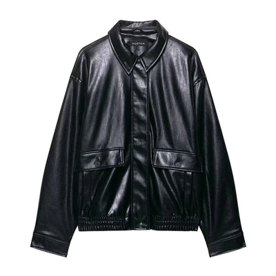 Black faux leather women's bomber jacket with long sleeves and zipper closure, casual style for autumn 2025.