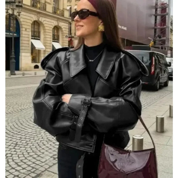 Women Long Sleeved Zipper Pu Jackets Eco-friendly Lady Streetwears