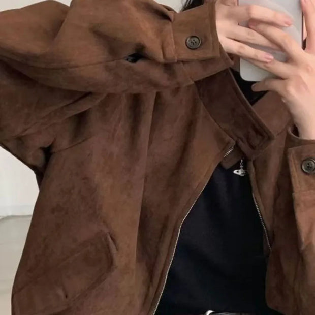 Fashion Lapel Solid Zipper Short Jacket Autumn Winter Long Sleeve Zipper Outwear