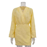 chic fashion female solid color yellow long sleeve v-neck bodycon mini dress autumn winter women loose fit