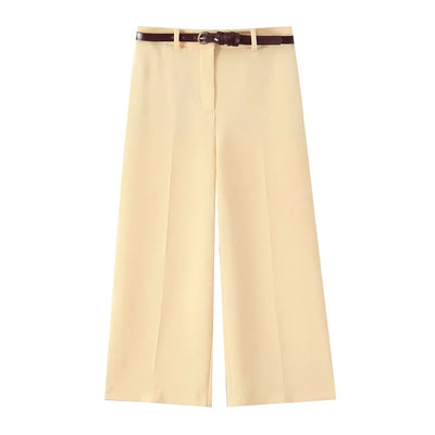 Yellow wide-leg trousers with belt decoration Casual commuting Stylish