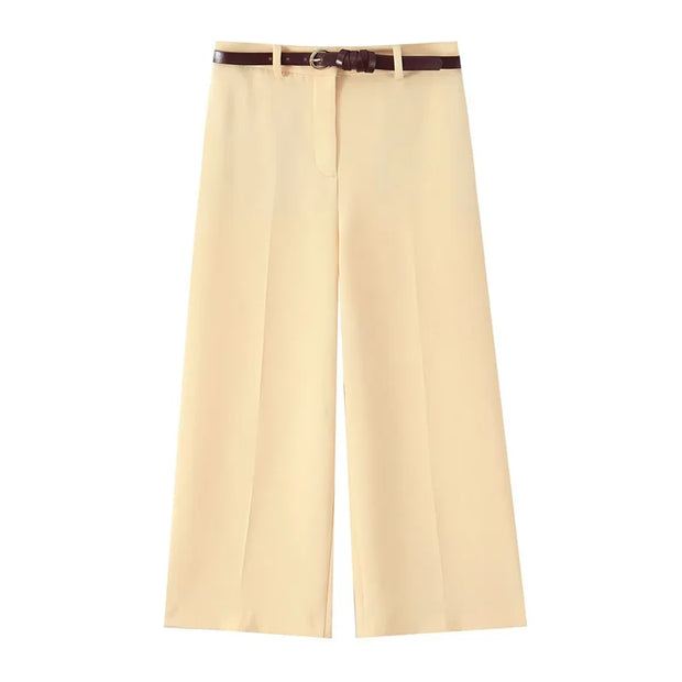 Yellow wide-leg trousers with belt decoration Casual commuting Stylish