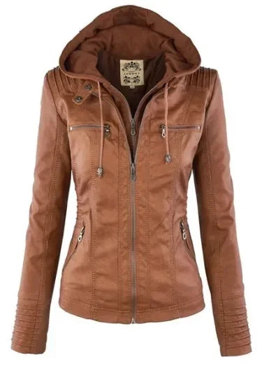 Coat Female Winter Motorcycle Jacket PU Leather Zipper Hoodies Outerwear