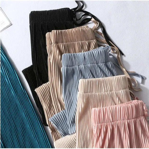 Silk Trousers Elastic Waist Loose Casual Pants