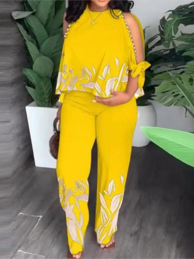 Two Piece Sets Neck Hollow Sleeves Top & Wide Leg Trousers Suit