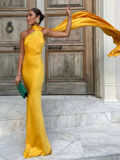Yellow halter neck sleeveless backless slim fit floor-length maxi dress for women