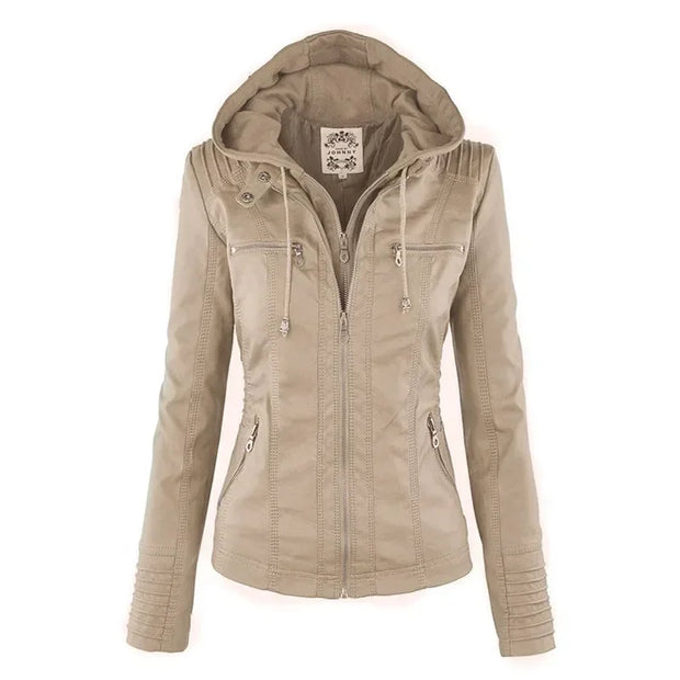 Coat Female Winter Motorcycle Jacket PU Leather Zipper Hoodies Outerwear