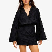 Chic fashion female black long sleeve V-neck bodycon mini dress with textured fabric and loose sleeve design