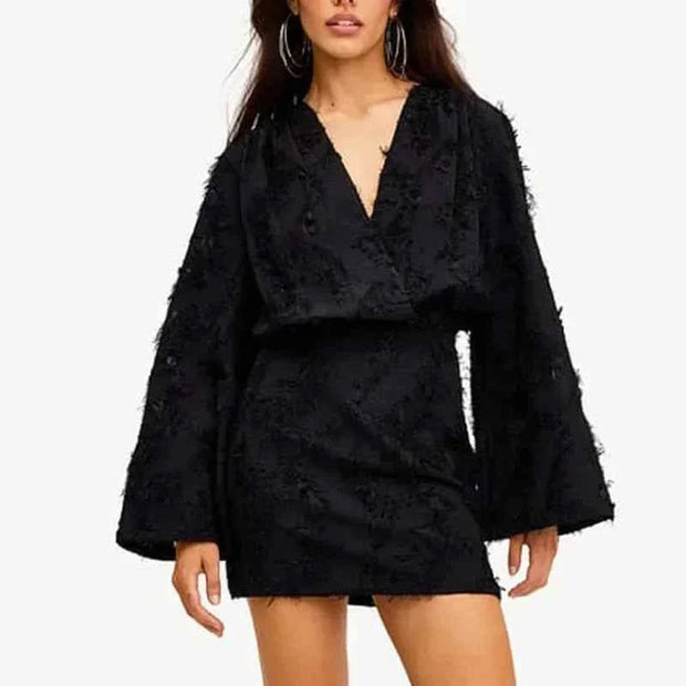 Chic fashion female black long sleeve V-neck bodycon mini dress with textured fabric and loose sleeve design