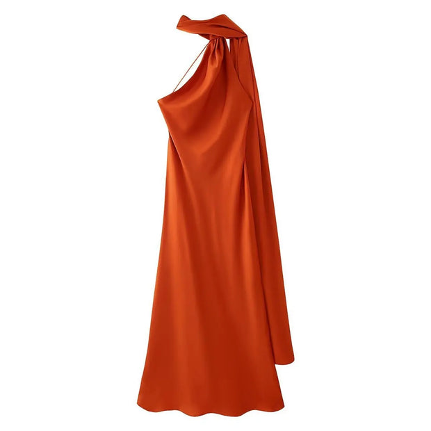 Women's sexy backless off-shoulder sleeveless knee-length slim fit polyester dress in orange