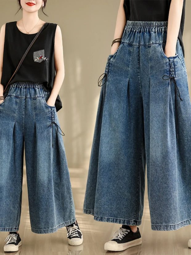 Wide Leg Denim Pants Elastic Waist Loose Casual Ankle Length Trouser