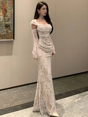 Solid Slim Slash Neck Vintage Party Long Dress Female Clothes Chic Robe