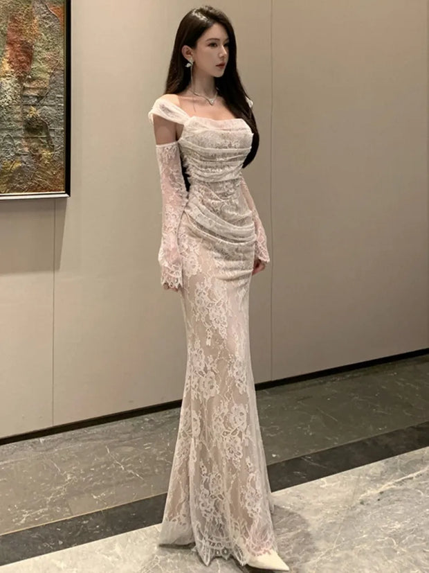 Solid Slim Slash Neck Vintage Party Long Dress Female Clothes Chic Robe