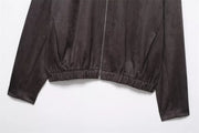 Suede Effect Jacket Spring and Autumn Crew Neck Street Vintage Women's Top