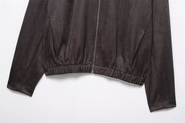 Suede Effect Jacket Spring and Autumn Crew Neck Street Vintage Women's Top