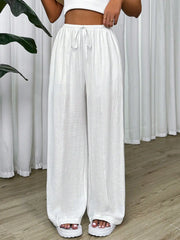 Solid White 25 Spring Summer Drawstring Waist Wide Leg Pants