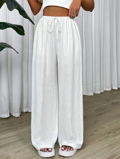 Solid White 25 Spring Summer Drawstring Waist Wide Leg Pants