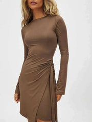 Brown long sleeve bodycon dress with side bandage detail and O-neck design for women streetwear and club outfits