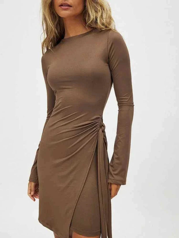 Brown long sleeve bodycon dress with side bandage detail and O-neck design for women streetwear and club outfits