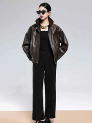 Hard Distressed Brown Pu Leather Jacket Women Zipper Retro Clothes