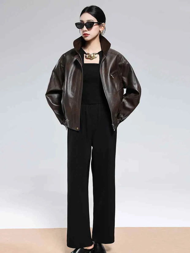 Hard Distressed Brown Pu Leather Jacket Women Zipper Retro Clothes