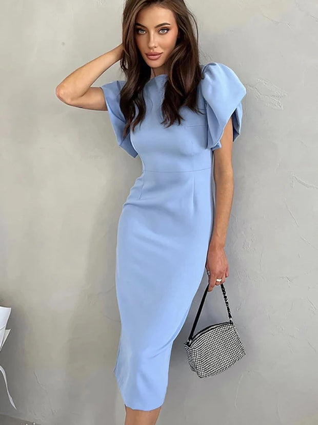 Summer Casual Ruffle Sleeve Slit Office Dress Fashion Chic Blue New In Dresses