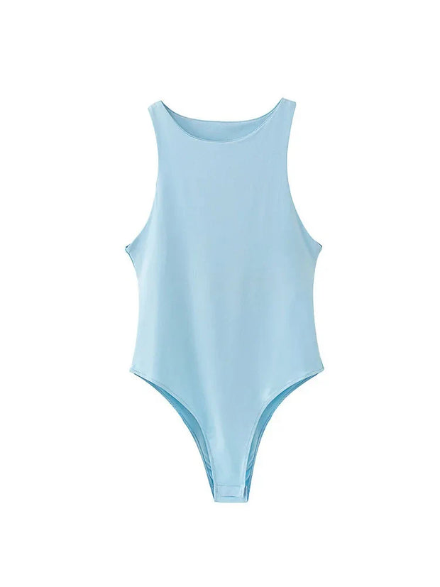 Light blue women's slim fit casual bodysuit made of polyester and cotton blend