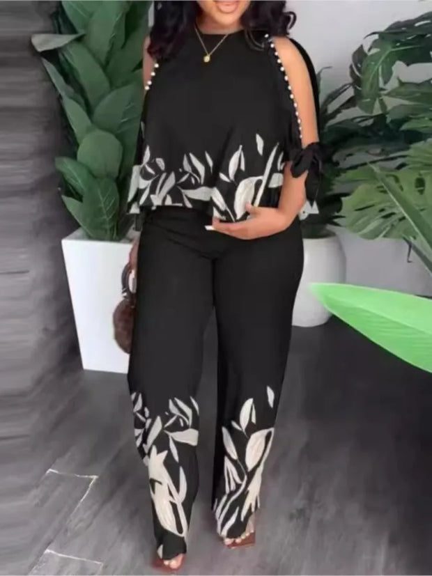 Two Piece Sets Neck Hollow Sleeves Top & Wide Leg Trousers Suit